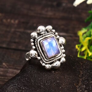 Rainbow Moonstone 925 Sterling Silver Ring: Handmade Cabochon