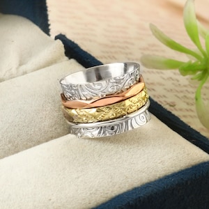 925 Sterling Silver Wide Band Spinner Ring: Multi-Metal Meditation Fidget Ring