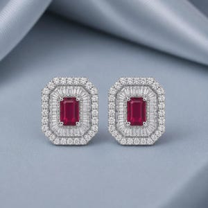 Red CZ Stud Earrings, 925 Sterling Silver Emerald Cut Baguette Halo Art Deco Earrings, Statement Jewelry Gift for Her