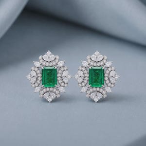 Emerald Green Stud Earrings, 925 Sterling Silver Baguette Halo Earrings, Art Deco Statement Jewelry, Bridal Gift for Her
