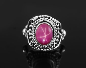 Anello con rubino stellato naturale / Argento sterling 925 / Pietra portafortuna di luglio / Anello boho fatto a mano con gemma / Regalo per lei / Anello vistoso con rubino rosa