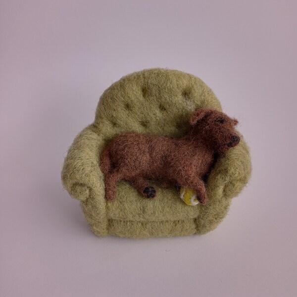 Needle felted dog taking a nap Miniature dog on chair Soft sculpture Chocolate labrador