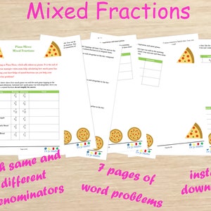 May include: A printable worksheet for teaching mixed fractions using a pizza theme. The worksheet includes word problems and a table to help students practise adding and subtracting fractions.