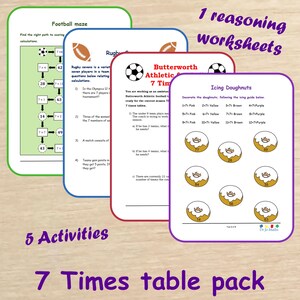 May include: A set of 5 printable worksheets for kids to practice their 7 times tables. The worksheets include a football maze, a rugby sevens activity, an icing doughnut activity, and two activities related to a Butterworth Athletic team. The worksheets are designed to help kids learn and practice their multiplication skills.