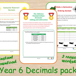 May include: Three printable worksheets for Year 6 students to practice adding, subtracting, and ordering decimals. The worksheets feature a reservoir, an athletics competition, and a map of villages.