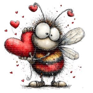 May include: A whimsical illustration of a bee holding a large red heart. The bee has large, expressive eyes, a fuzzy body with red and yellow stripes, and delicate wings. Small red hearts float around the bee.