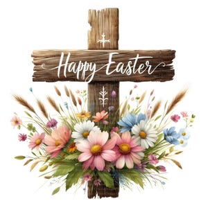 May include: A wooden cross with the words "Happy Easter" in white script. The cross is adorned with a vibrant arrangement of pink, white, and blue flowers, along with green leaves and wheat stalks, creating a festive Easter theme.