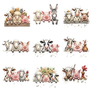 May include: A collection of watercolor illustrations featuring various farm animals, including cows, sheep, pigs, donkeys, and chickens. Each animal is depicted with a friendly expression, creating a cheerful and whimsical aesthetic. The illustrations are perfect for children's decor or farm-themed projects.