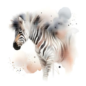 Könnte beinhalten: Aquarellillustration eines Zebras mit schwarz-weißen Streifen, vor weichen, gedämpften Aquarellwaschungen in Grau, Braun und Pfirsich. Die Mähne des Zebras ist ein strukturiertes, flauschiges Grau. Das Kunstwerk hat eine zarte, künstlerische Ausstrahlung.