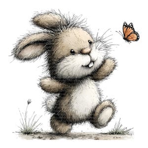 May include: A whimsical illustration of a fluffy brown and white bunny rabbit playfully reaching for a butterfly. The butterfly is orange and black. The bunny is on a dirt path with blades of grass.