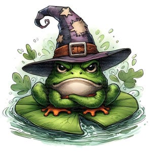 May include: A grumpy green frog wearing a purple witch hat with a brown belt and buckle, sitting on a lily pad. The frog has orange feet and is surrounded by water and green leaves. The frog has its arms crossed.