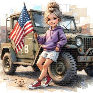 Könnte beinhalten: Eine digitale Illustration einer Person mit einem unordentlichen Dutt, die einen violetten Kapuzenpullover und eine zerrissene Jeansshorts trägt und sich an ein olivgrünes Militärfahrzeug lehnt. Die Person hält eine wehende US-Flagge.
