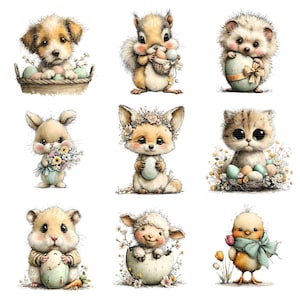 Könnte beinhalten: Eine Sammlung von neun entzückenden Aquarellillustrationen von Babytieren. Die Tiere umfassen einen Welpen, ein Eichhörnchen, einen Igel, ein Kaninchen, einen Fuchs, ein Kätzchen, einen Hamster, ein Lamm und ein Küken, die jeweils Ostereier oder Blumen halten.