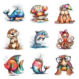 May include: Nine colorful cartoon illustrations of sea creatures. A blue whale, a crab in a shell, a walrus with a hat, an otter, a dolphin, an octopus with a bow, a fish, a narwhal, and a turtle with glasses.