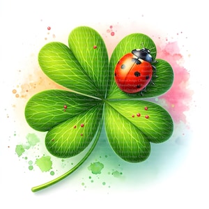 Può includere: Illustrazione ad acquerello di un quadrifoglio con una coccinella. Il quadrifoglio è di un verde vibrante con venature dettagliate, e la coccinella è rossa con macchie nere. Lo sfondo presenta morbidi lavaggi ad acquerello rosa, arancioni e verdi.