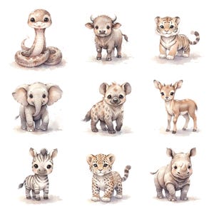 Könnte beinhalten: Aquarellillustrationen von neun entzückenden Babytieren: eine Schlange, ein Kalb, ein Tigerjunges, ein Elefant, eine Hyäne, ein Reh, ein Zebra, ein Leopardenjunges und ein Nashorn. Jedes Tier ist in einem niedlichen, cartoonartigen Stil dargestellt.