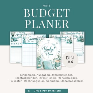 Pode incluir: Um conjunto de planejador de orçamento na cor menta em tamanho DIN A4, com várias páginas imprimíveis com ilustrações de flores e velas. O texto inclui 'MINT BUDGET PLANER', 'Variable Ausgaben', 'Januar', 'Mein Monatsbudget' e 'Monatsabschluss'.