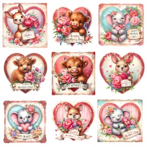May include: A collection of nine square-shaped Mother's Day cards. Each card features a cute animal, such as a calf, elephant, or bunny, holding flowers and a banner that reads "Happy Mother's Day". The cards have a heart-shaped frame.