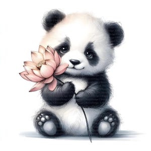 May include: A cute panda bear illustration holding a pink lotus flower. The panda has black and white fur, with large, expressive eyes. The flower is a soft pink color, and the overall image has a gentle, whimsical feel.