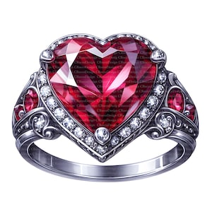 May include: A silver ring with a large, heart-shaped red gemstone as the centerpiece. The ring is adorned with smaller clear gemstones and decorative filigree detailing. The ring's design is intricate and elegant, suitable for special occasions.