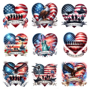 Könnte beinhalten: Eine Sammlung von neun herzförmigen, patriotischen Designs mit der amerikanischen Flagge, Weißkopfseeadlern, Militärpersonal, Kriegsschiffen, Kampfjets, der Freiheitsstatue und Feuerwerk. Jede Grafik enthält Banner mit Texten wie God bless our troops, Let Freedom Ring, Thank you for serving, Proud to serve und God bless America.