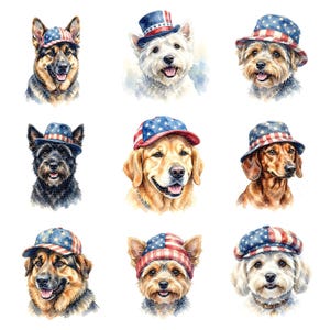 Può includere: Una collezione di nove illustrazioni ad acquerello raffiguranti varie razze canine, tra cui un pastore tedesco, un westie e un golden retriever, ognuno con un cappello o un berretto decorato con il motivo della bandiera americana a stelle e strisce.