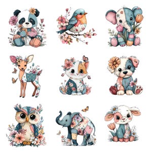 Könnte beinhalten: Neun Aquarellillustrationen von entzückenden Tieren, darunter ein Panda, ein Vogel, ein Elefant, ein Reh, eine Katze, ein Hund, eine Eule und ein Lamm. Jedes Tier ist mit floralen Akzenten und Patchwork-Mustern verziert, vor weißem Hintergrund.