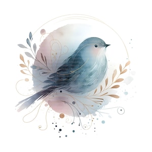 May include: A watercolour illustration of a blue bird with a soft, feathery appearance. The bird is surrounded by delicate gold swirls, leaves, and a watercolour wash of blue, pink, and brown. The artwork is set against a white background.