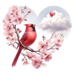 Könnte beinhalten: Aquarellillustration eines roten Kardinals, der auf einem Ast mit rosa Kirschblüten sitzt, vor einem herzförmigen Hintergrund mit einer Wolke und einem rosa Herzen. Das Kunstwerk hat eine weiche, romantische Ausstrahlung.