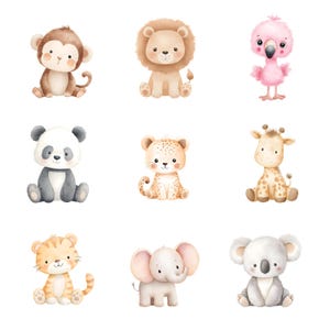 May include: Watercolor illustrations of nine adorable safari animals, including a monkey, lion, flamingo, panda, leopard, giraffe, tiger, elephant, and koala. Each animal is depicted in a cute, cartoon style with soft colors and details.