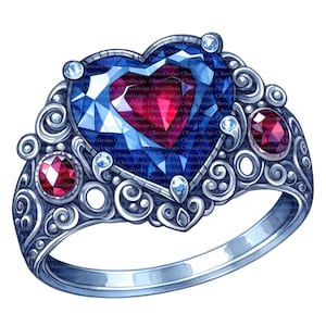 Könnte beinhalten: Eine detaillierte Illustration eines silbernen Rings mit einem herzförmigen blauen Edelstein in der Mitte. Der Ring weist aufwendige Schnörkel auf und ist mit kleineren roten und klaren Edelsteinen verziert. Das Design ist aufwendig und elegant.