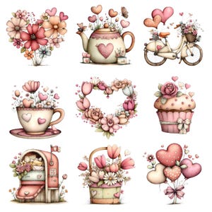 Puede incluir: Una colección de ilustraciones en acuarela con temas del Día de San Valentín. Las imágenes incluyen un arreglo floral en forma de corazón, una tetera con detalles de corazón, una bicicleta con globos en forma de corazón, una taza de té, una corona floral en forma de corazón, una magdalena, un buzón, una cesta de flores y globos en forma de corazón.
