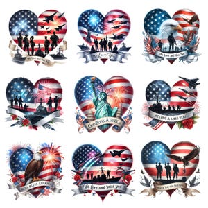 Könnte beinhalten: Eine Sammlung von neun herzförmigen Grafikdesigns mit amerikanischen patriotischen Motiven, darunter Flaggen der Vereinigten Staaten, Weißkopfseeadler, Militärpersonal, Kriegsschiffe, Kampfjets, Feuerwerk, die Freiheitsstatue und Text.