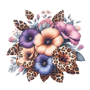 Könnte beinhalten: Digitale Illustration eines Blumenarrangements mit einer Mischung aus lila, pfirsichfarbenen und rosa Blüten. Einige Blütenblätter und Blätter haben ein Leopardenmuster. Die Anordnung befindet sich vor einem weißen Hintergrund.