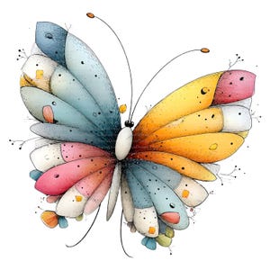 May include: A whimsical illustration of a butterfly with colourful wings. The wings are in shades of blue, yellow, pink, and white, with black speckles and delicate antennae. The artwork has a watercolour effect, set against a white background.