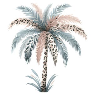 May include: Watercolor illustration of a palm tree with a leopard print trunk and leaves in shades of blue, pink, and beige. The tree is set against a white background, creating a tropical and artistic design.