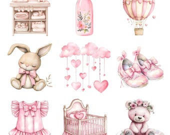 28 Baby Theme Clipart JPGs, Birth Girl Pink, Digital Download, Watercolor Collection, Commercial Use, High-Quality JPGs, Paper Model