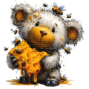 Könnte beinhalten: Eine skurrile Illustration eines Teddybären, der eine Honigwabe hält, umgeben von Bienen. Der Bär hat eine gelbe Schnauze und Ohren, mit weißem und grauem Fell. Die Honigwabe tropft mit Honig, und die Bienen sind gelb und schwarz.