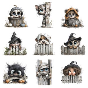 Könnte beinhalten: Eine Sammlung von neun Illustrationen mit verschiedenen Charakteren, darunter eine Kreatur mit Totenkopf in einem Eimer, eine Mumienkatze, ein Bär mit Kürbiskapuze, ein Hase mit Hexenhut, ein Welpengeist, eine Eule mit Hexenhut, eine schwarze Katze und eine Hexe.