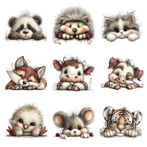 Può includere: Nove adorabili illustrazioni di animali, tra cui un panda, un riccio, un gattino, una volpe, una mucca, un maiale, un pulcino, un topo e un cucciolo di tigre. Ogni animale è raffigurato con uno stile carino e a cartoni animati.