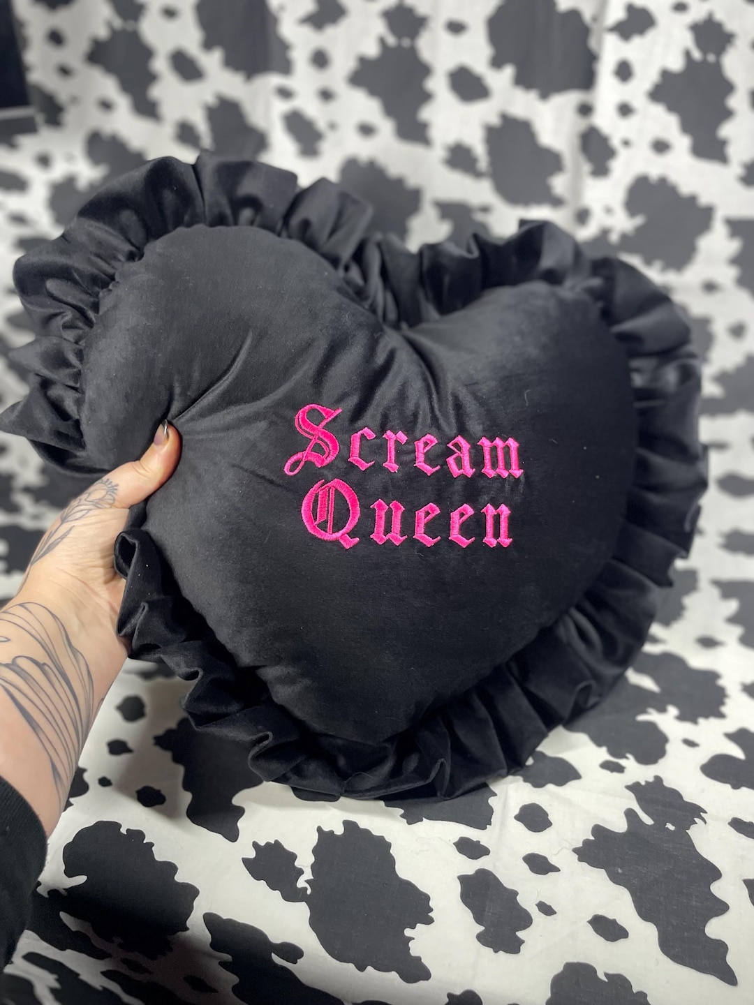 Custom Embroidered Velvet Heart Shaped Ruffle Cushion 
