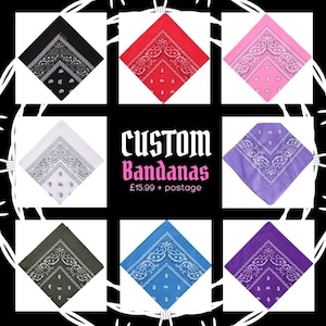 May include: Nine bandanas in a variety of colours, including black, red, pink, white, purple, green, blue, and violet. Each square bandana has a paisley pattern. The image also displays the text "CUSTOM Bandanas".
