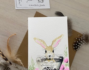 NO print original watercolor BUNNY Mother's Day birthday hand-painted folding card bunny congratulations love greetings happy Easter personalized