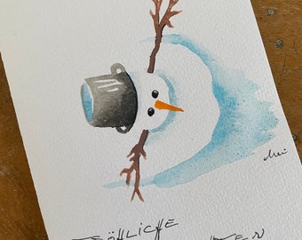 SCHNEEMANN handgemalte Aquarellkarte Weihnachtskarte Original Kunstwerk fröhliche Weihnachten frohes Fest Handlettering personalisierbar