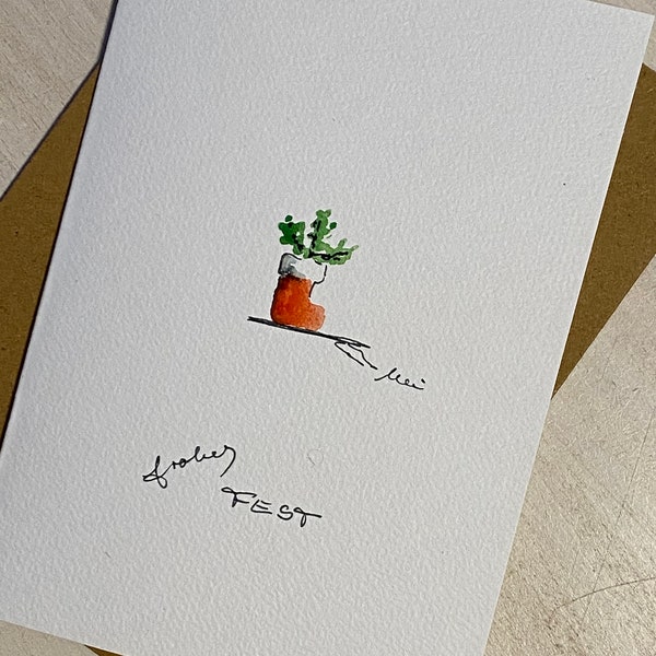 HAPPY FESTIVAL Hand-painted watercolor minimalist Christmas card Original tree ball handlettering customizable folding card calligraphy
