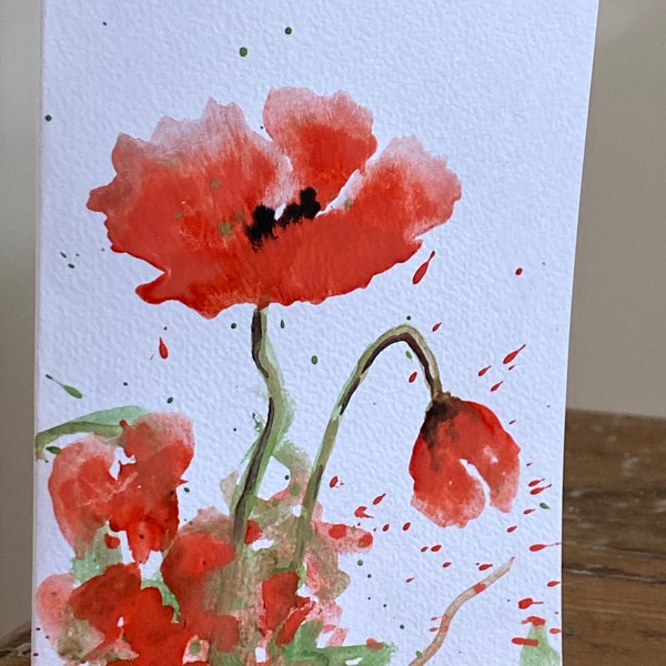 UNIKAT Mohnblumen handgemaltes  Aquarell Bild signiert Original Einzelstück KEIN Druck 15 cm x 10,5 cm