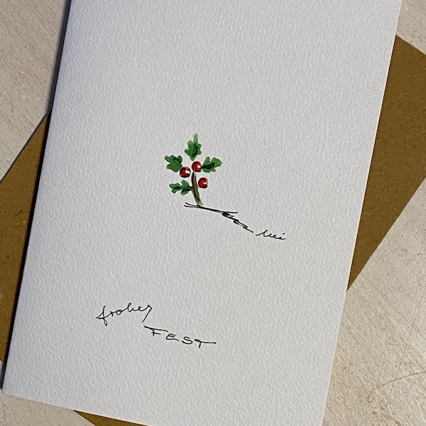 HAPPY FESTIVAL Hand-painted watercolor minimalist Christmas card Original tree ball handlettering customizable folding card calligraphy