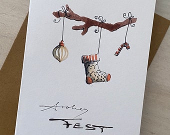 FROHES FEST handgemalte WeihnachtsKarte Original Aquarell signiert Adventszeit personalisierbar Kalligrafie ChristBaum Frohe Weihnachten