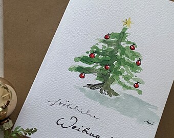 FROHE WEIHNACHTEN Handgemalte Aquarellkarte Faltkarte Christbaum Kugel Lametta Original Kalligraphie personalisierbar frohes Fest