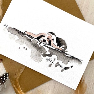 KEIN Druck Original Aquarellbild HUND Basset chill handgemalt Karte Gruß Valentinstag Liebe Geburtstag Freundschaft personalisierba signiert